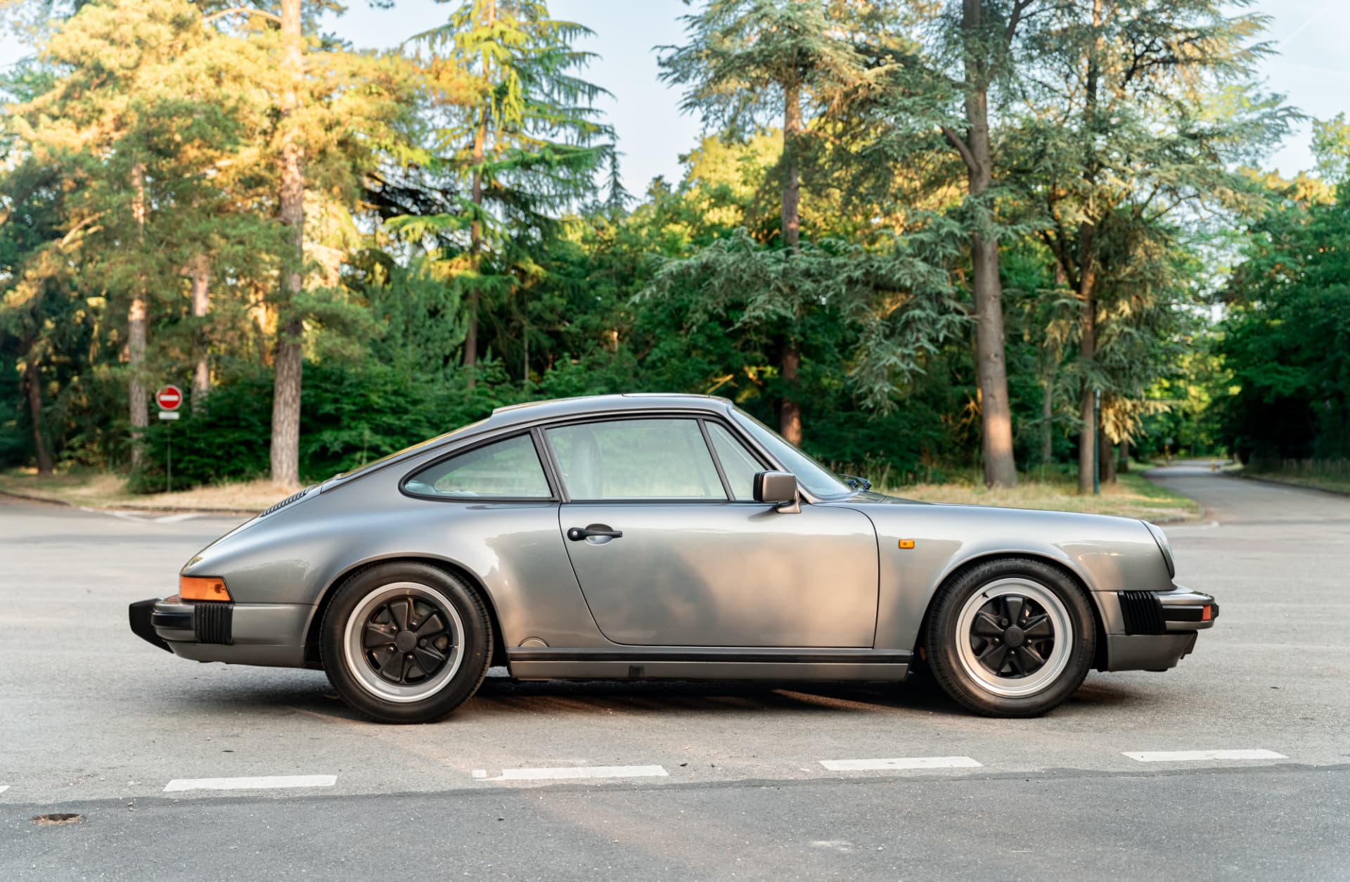Porsche 911 classique de profil dans un parc boisé