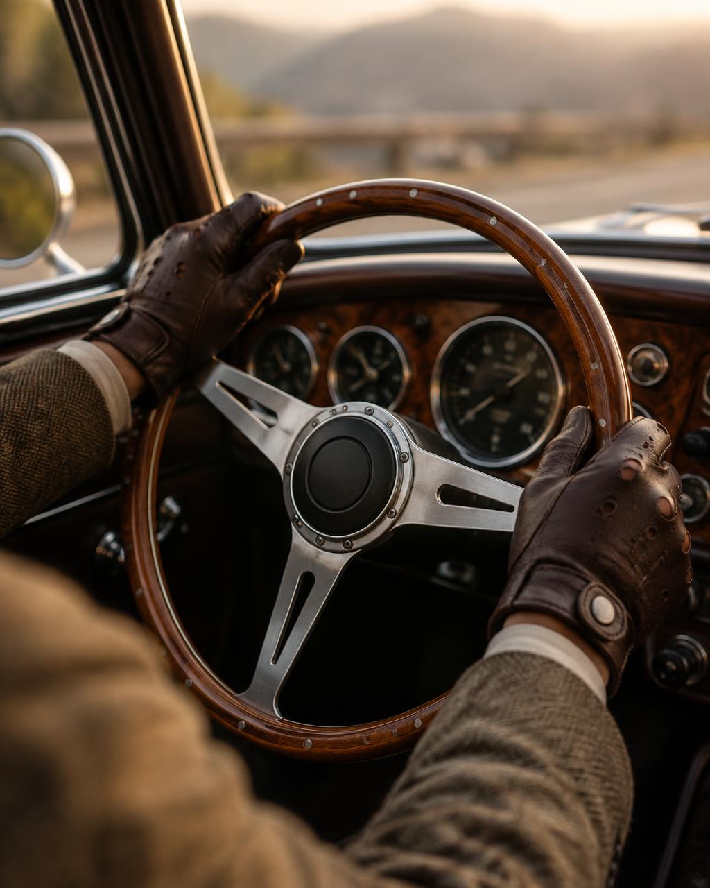 Mains gantées sur le volant en bois d’une voiture ancienne